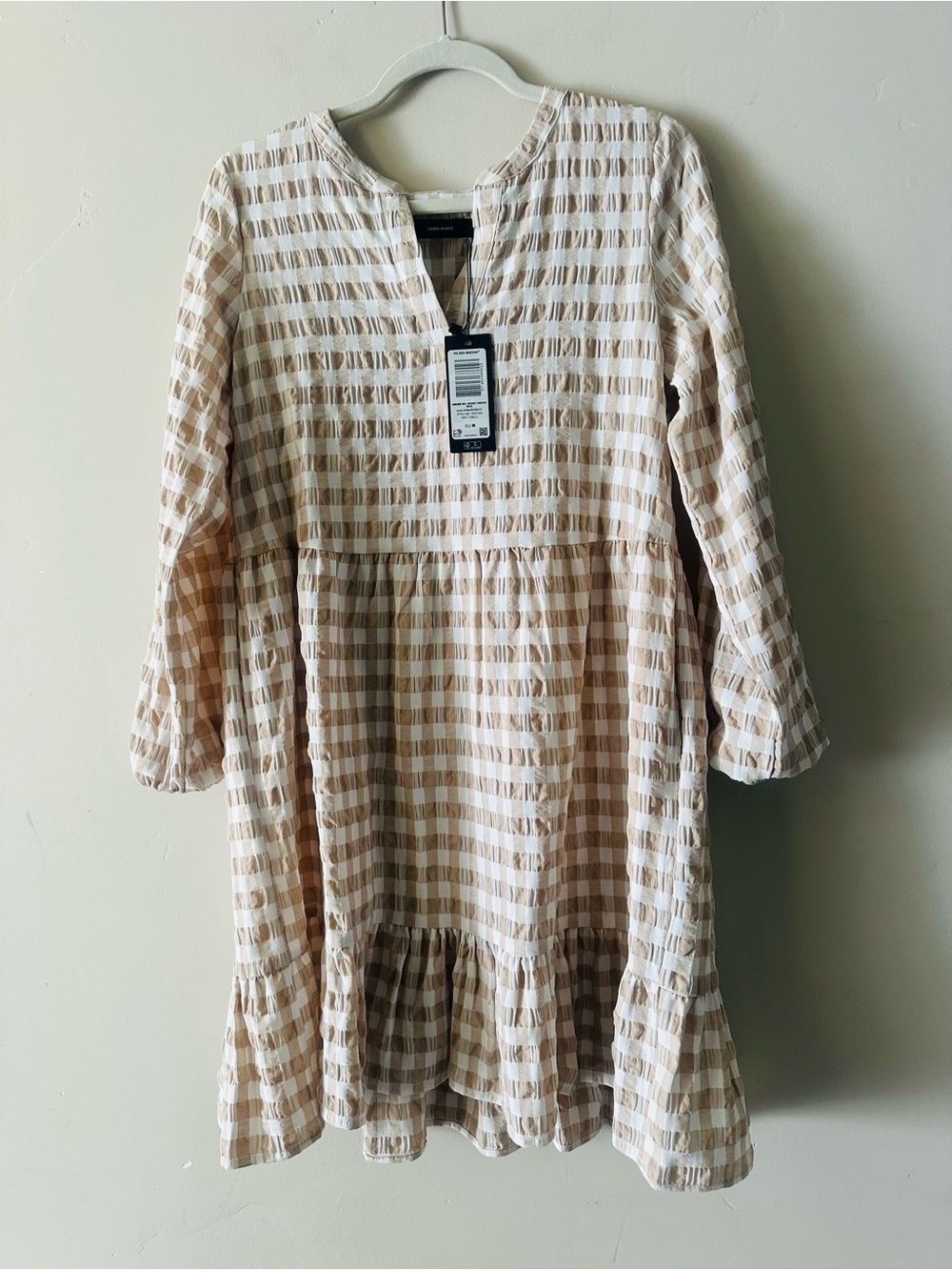 Vero Moda Beige and White Gingham Tiered Dress